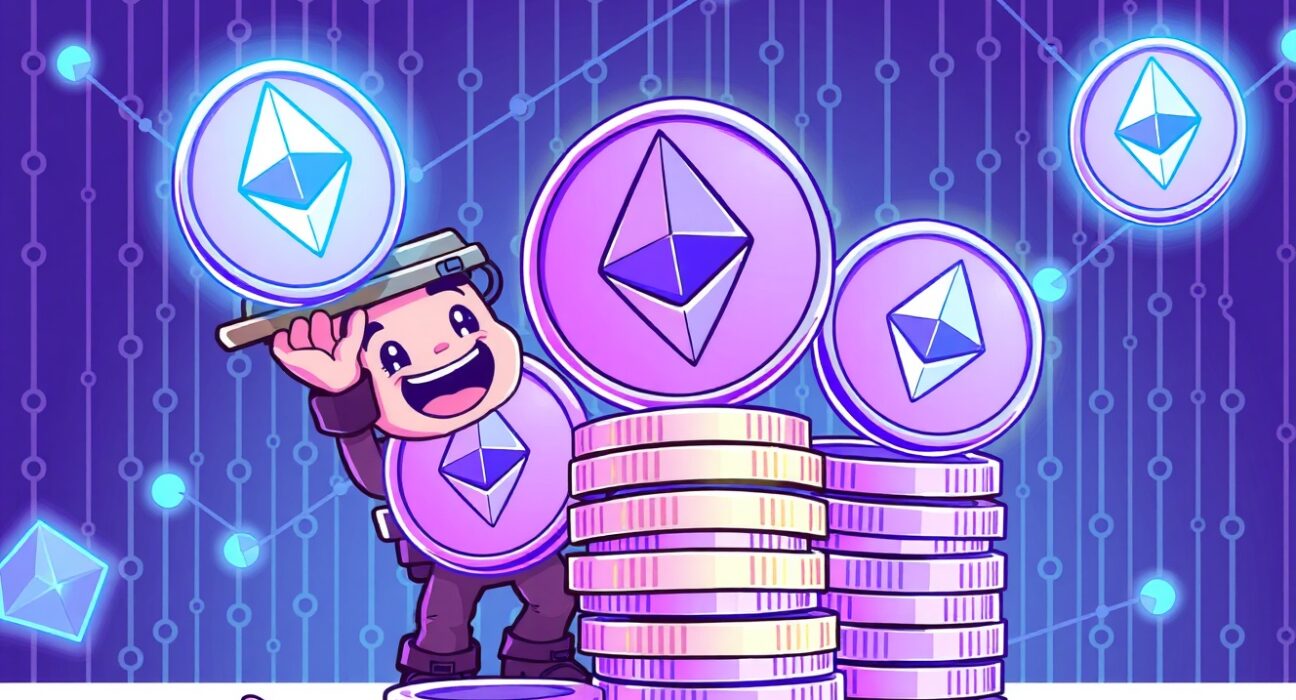 Bitmine ETH purchase shown through cartoon miner stacking glowing Ethereum coins
