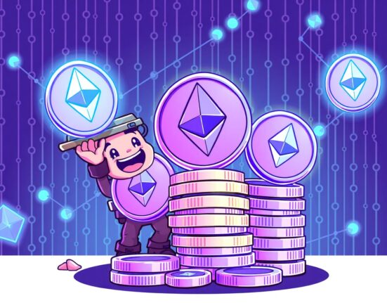 Bitmine ETH purchase shown through cartoon miner stacking glowing Ethereum coins