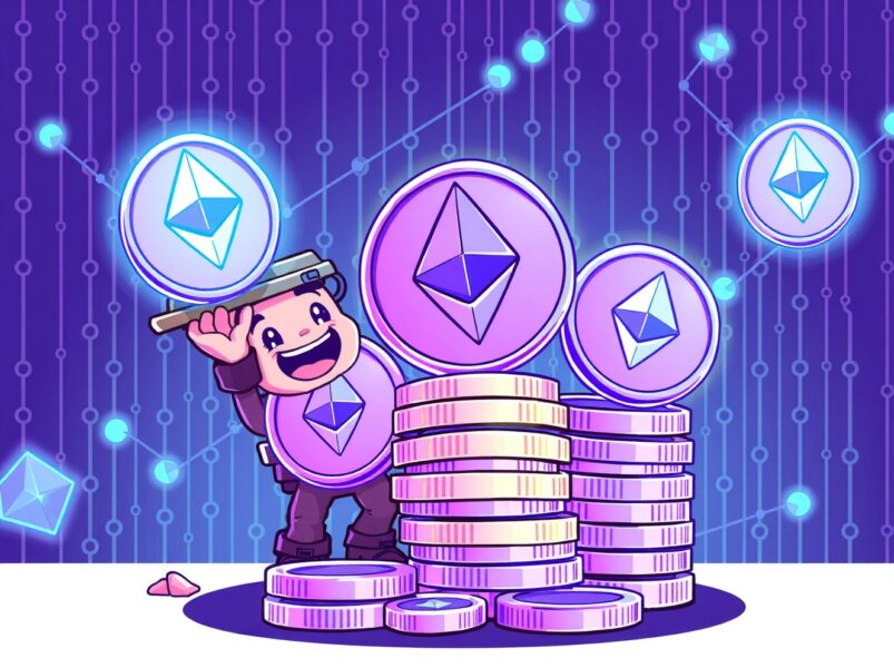 Bitmine ETH purchase shown through cartoon miner stacking glowing Ethereum coins