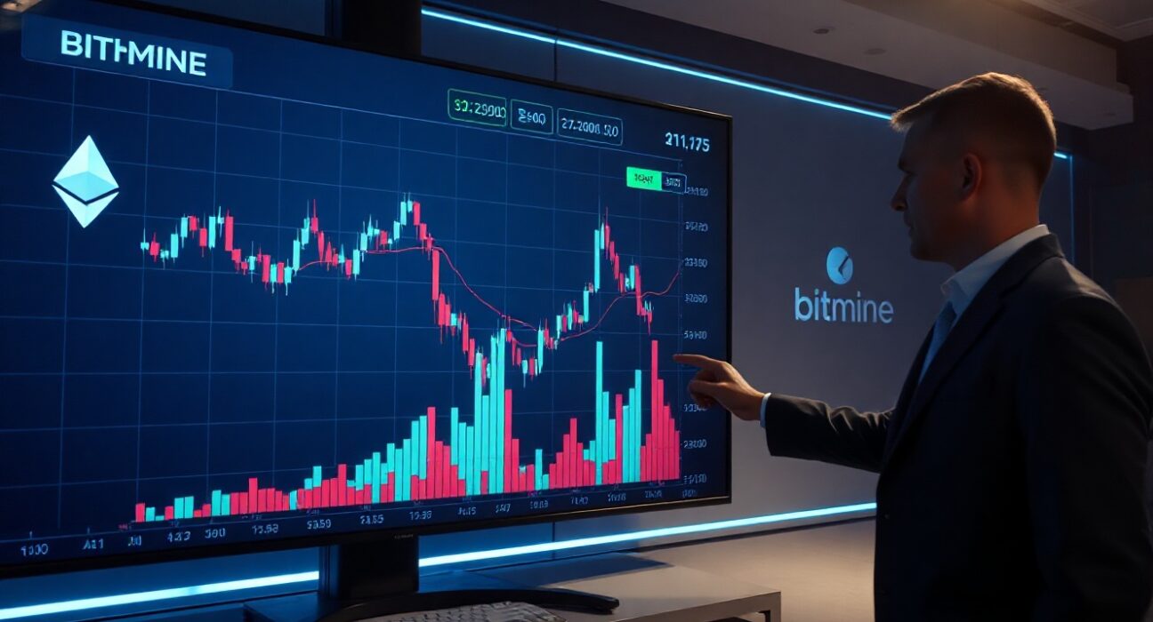 Financial analyst reviewing Ethereum price chart on digital display in modern newsroom