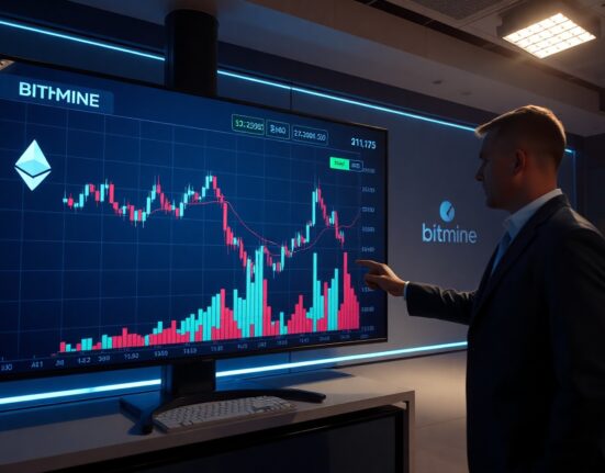 Financial analyst reviewing Ethereum price chart on digital display in modern newsroom