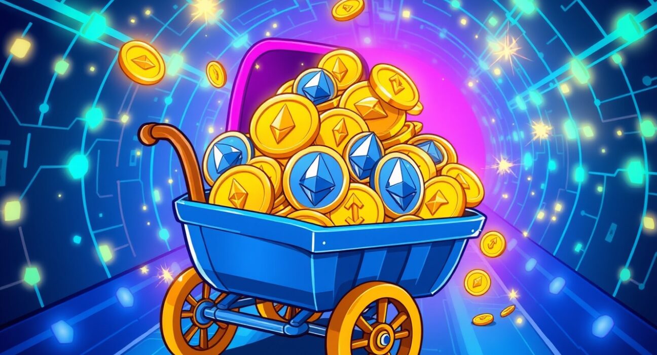 Bitmine ETH purchase depicted as cartoon miners moving Ethereum coins to digital vault