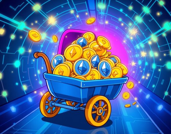 Bitmine ETH purchase depicted as mining cart collecting Ethereum coins in blockchain tunnel