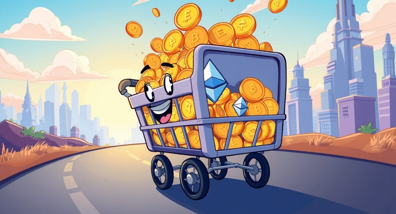 Bitmine ETH purchase depicted as cartoon mining cart overflowing with Ethereum coins heading toward growth