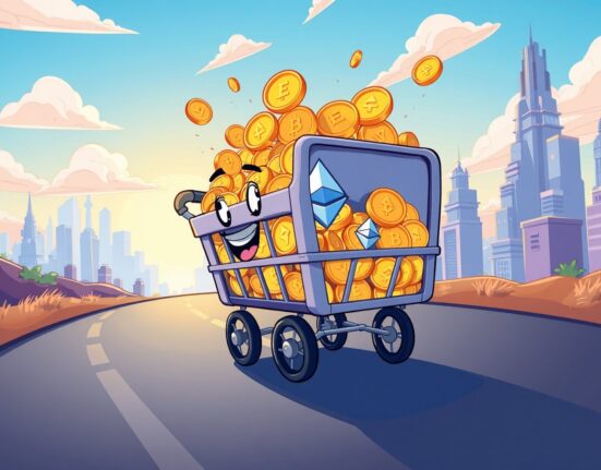 Bitmine ETH purchase depicted as cartoon mining cart overflowing with Ethereum coins heading toward growth