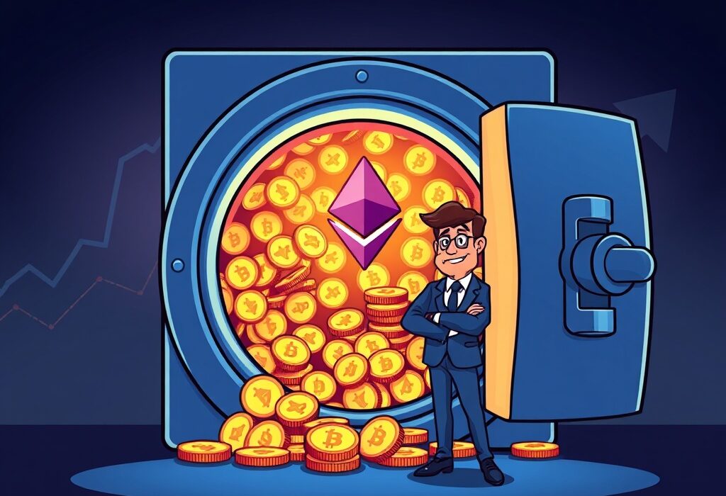 A cartoon image of a confident figure adding more glowing Ethereum coins to a large vault, symbolizing Bitmine's significant Bitmine ETH purchase and growing investment in the asset.