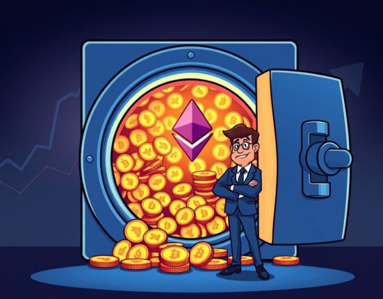 A cartoon image of a confident figure adding more glowing Ethereum coins to a large vault, symbolizing Bitmine's significant Bitmine ETH purchase and growing investment in the asset.