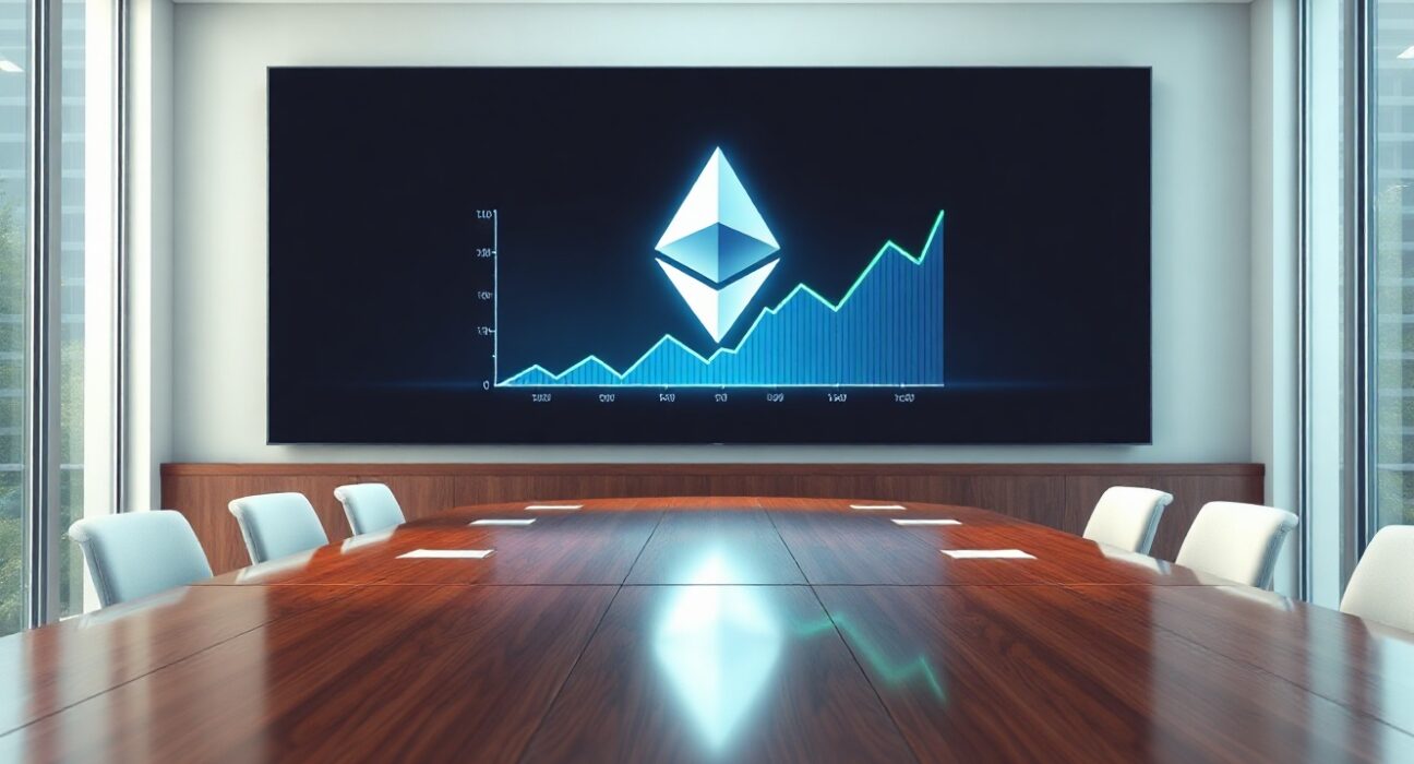 Corporate boardroom with a digital display showing a glowing Ethereum logo and a rising price chart.