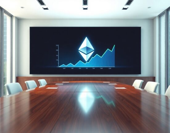 Corporate boardroom with a digital display showing a glowing Ethereum logo and a rising price chart.