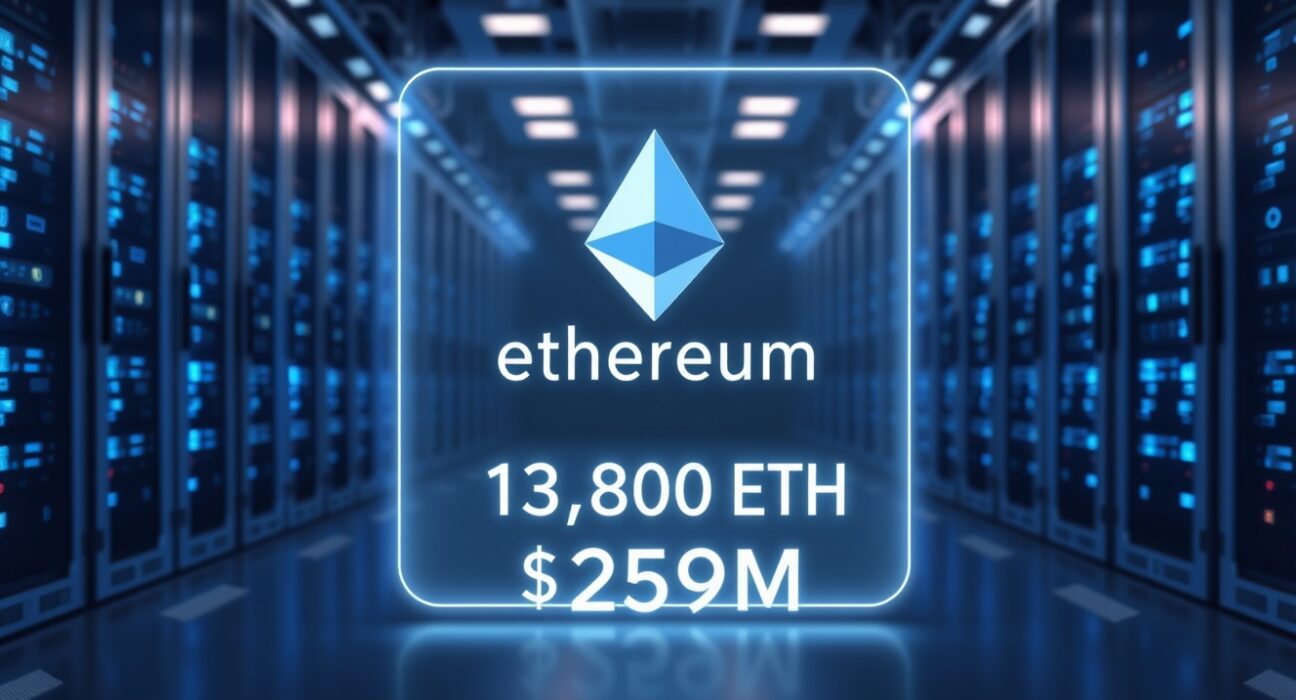 Bitmine ETH staking data center with holographic display showing 113,808 ETH staked worth $259 million.