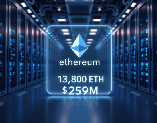 Bitmine ETH staking data center with holographic display showing 113,808 ETH staked worth $259 million.