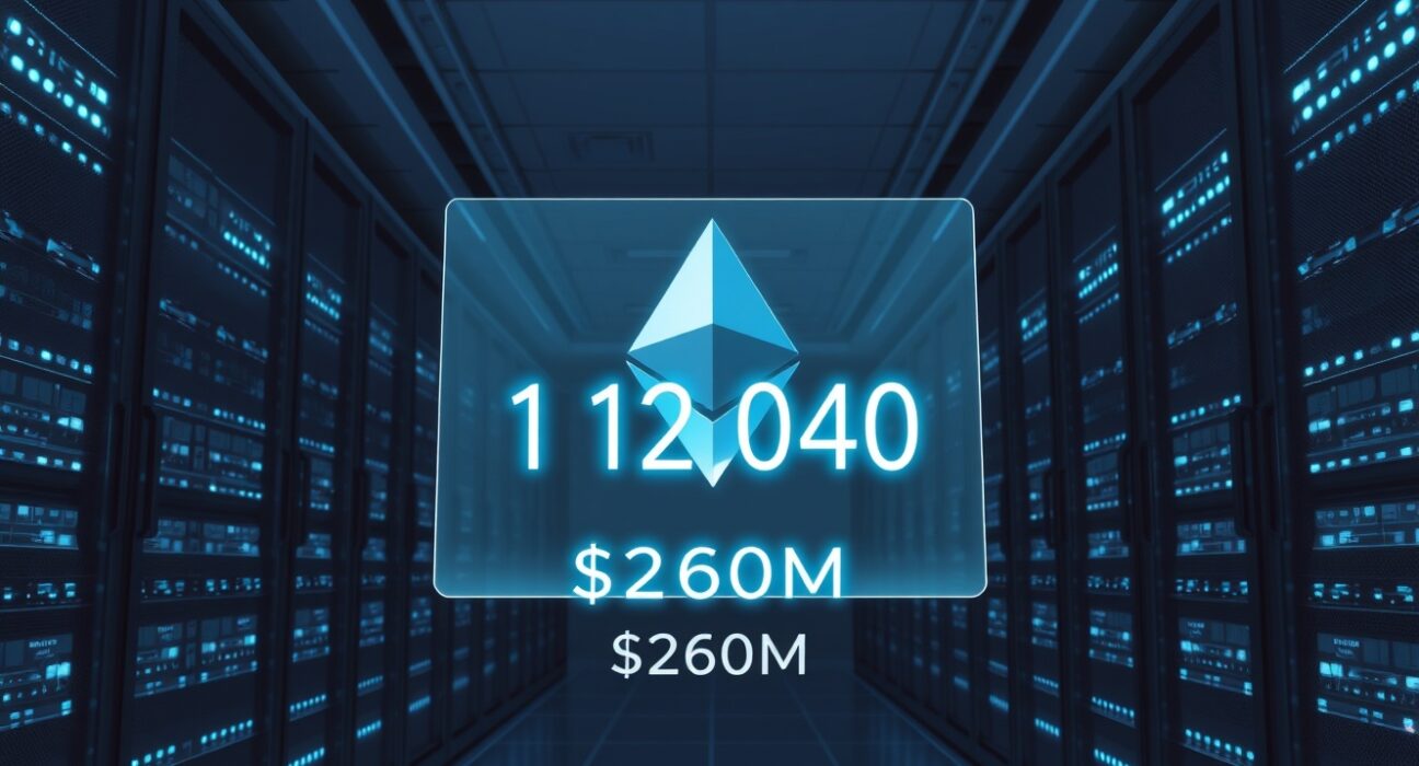 Bitmine's $260 million ETH staking event visualized in a data center with holographic display showing 112,040 ETH staked.