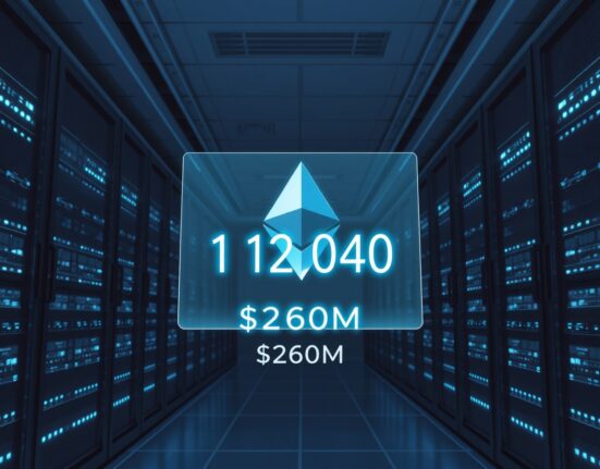 Bitmine's $260 million ETH staking event visualized in a data center with holographic display showing 112,040 ETH staked.