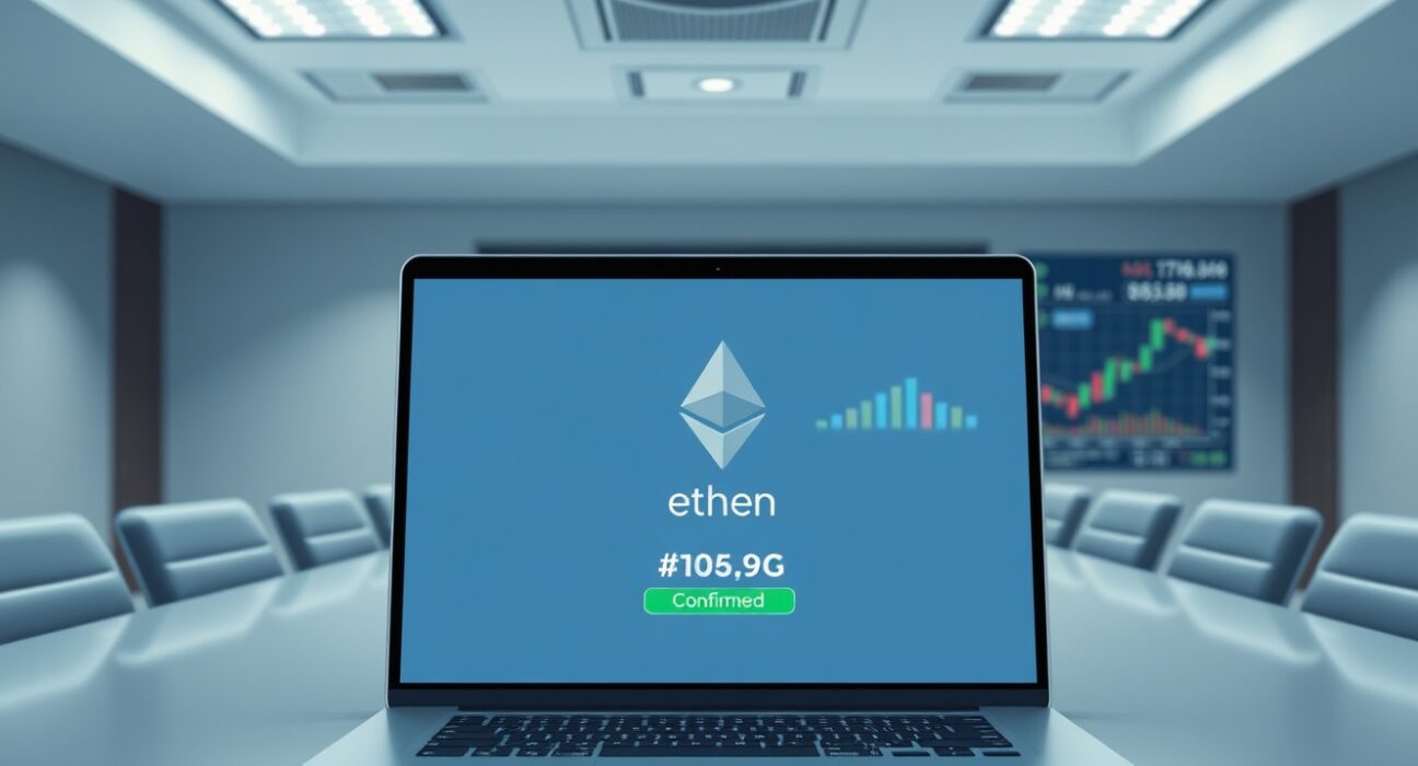 Laptop showing a confirmed Ethereum withdrawal transaction with ETH logo and blockchain charts in the background.