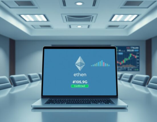 Laptop showing a confirmed Ethereum withdrawal transaction with ETH logo and blockchain charts in the background.