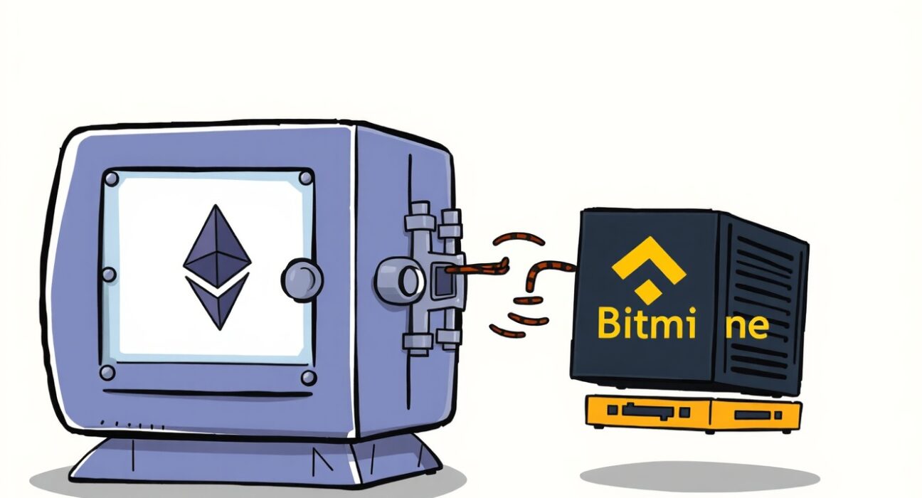 Cartoon showing a significant Bitmine ETH withdrawal from a secure vault, illustrating the transfer of digital assets.