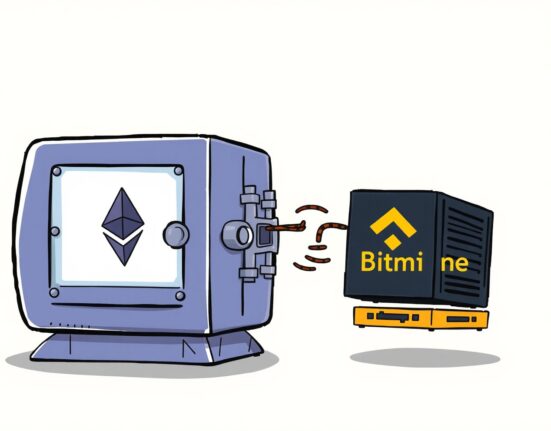 Cartoon showing a significant Bitmine ETH withdrawal from a secure vault, illustrating the transfer of digital assets.