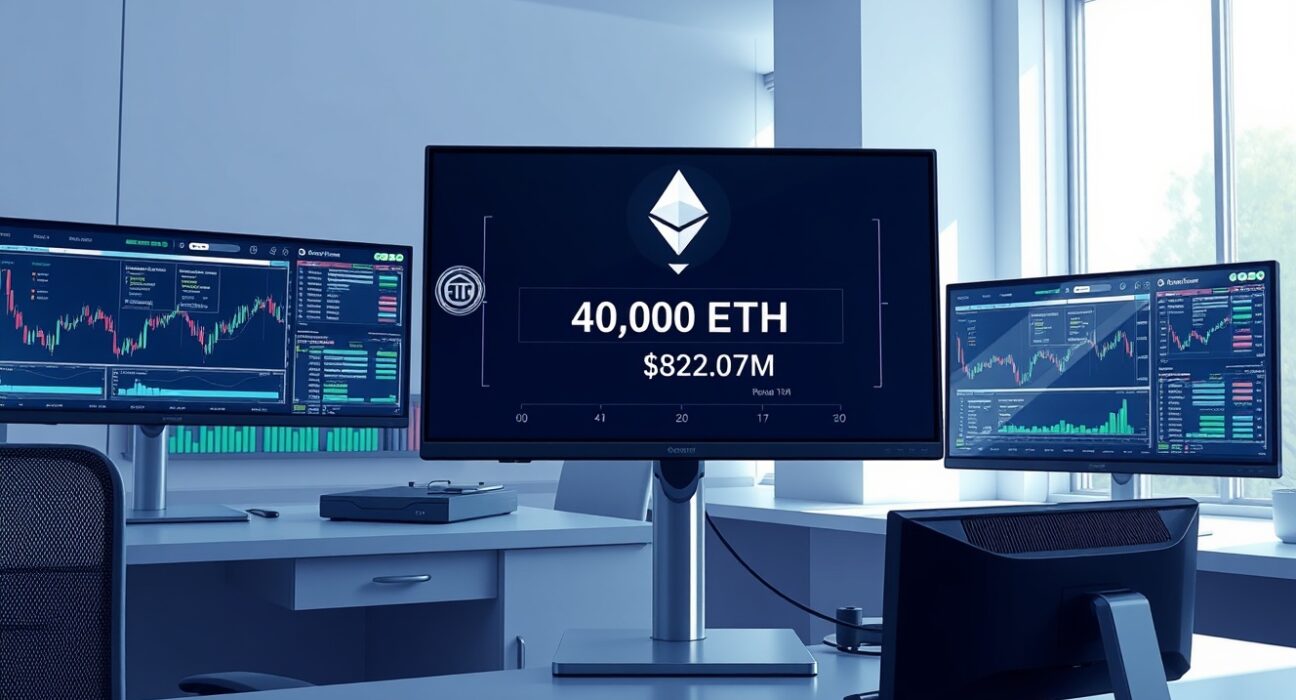 Institutional cryptocurrency trading desk showing $82M Ethereum transaction confirmation on blockchain interface
