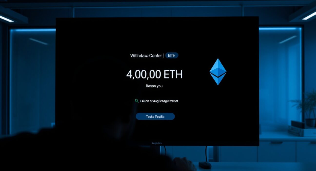 Cryptocurrency exchange interface showing large ETH withdrawal on dark screen