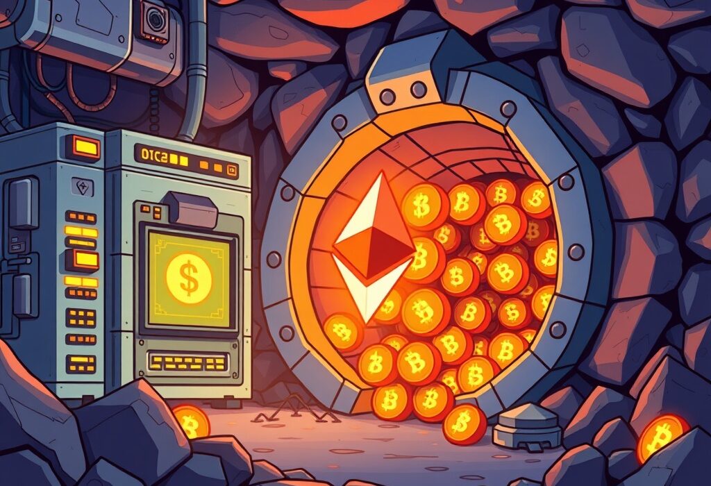 A cartoon illustration depicting Bitmine's substantial Bitmine Ether purchase and growing Ether treasury strategy.