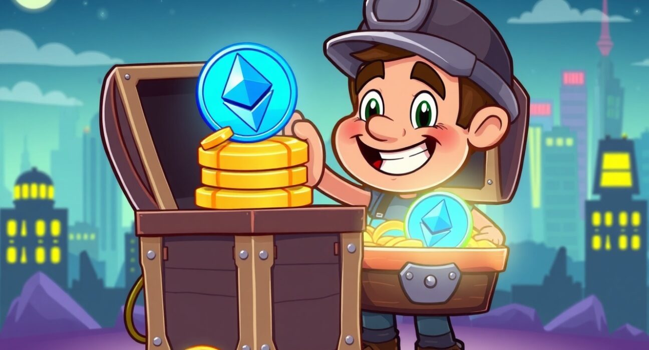 Strategic Ethereum accumulation shown through cartoon miner stacking digital coins