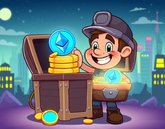 Strategic Ethereum accumulation shown through cartoon miner stacking digital coins