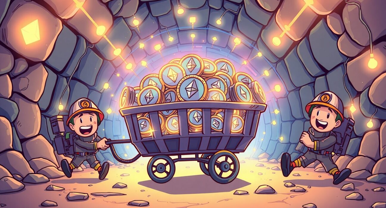 Strategic Ethereum acquisition showing digital miners collecting ETH tokens in blockchain environment