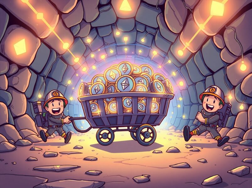 Strategic Ethereum acquisition showing digital miners collecting ETH tokens in blockchain environment