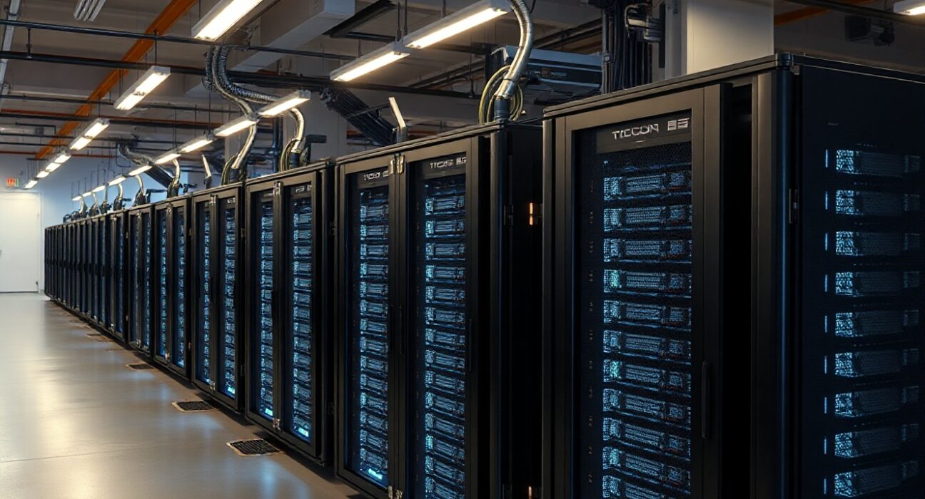 Bitmine's cryptocurrency mining facility with rows of servers processing Ethereum transactions.