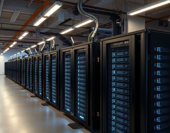 Bitmine's cryptocurrency mining facility with rows of servers processing Ethereum transactions.