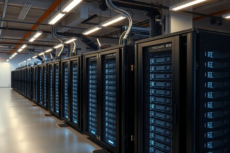 Bitmine's cryptocurrency mining facility with rows of servers processing Ethereum transactions.