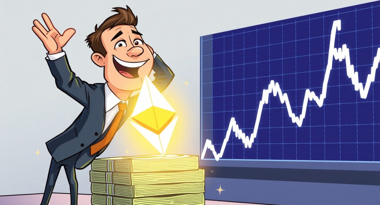 Cartoon showing a company making a substantial Ethereum investment, illustrating Bitmine's strategic ETH acquisition.