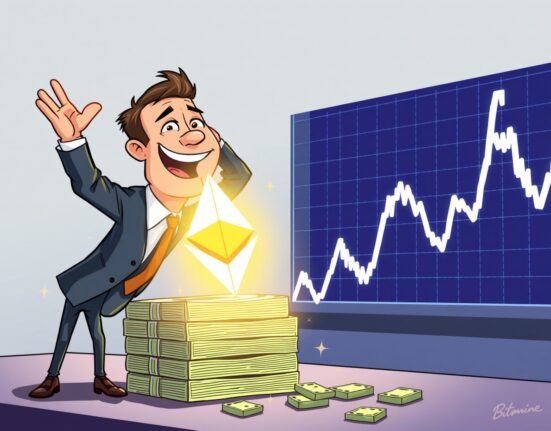 Cartoon showing a company making a substantial Ethereum investment, illustrating Bitmine's strategic ETH acquisition.