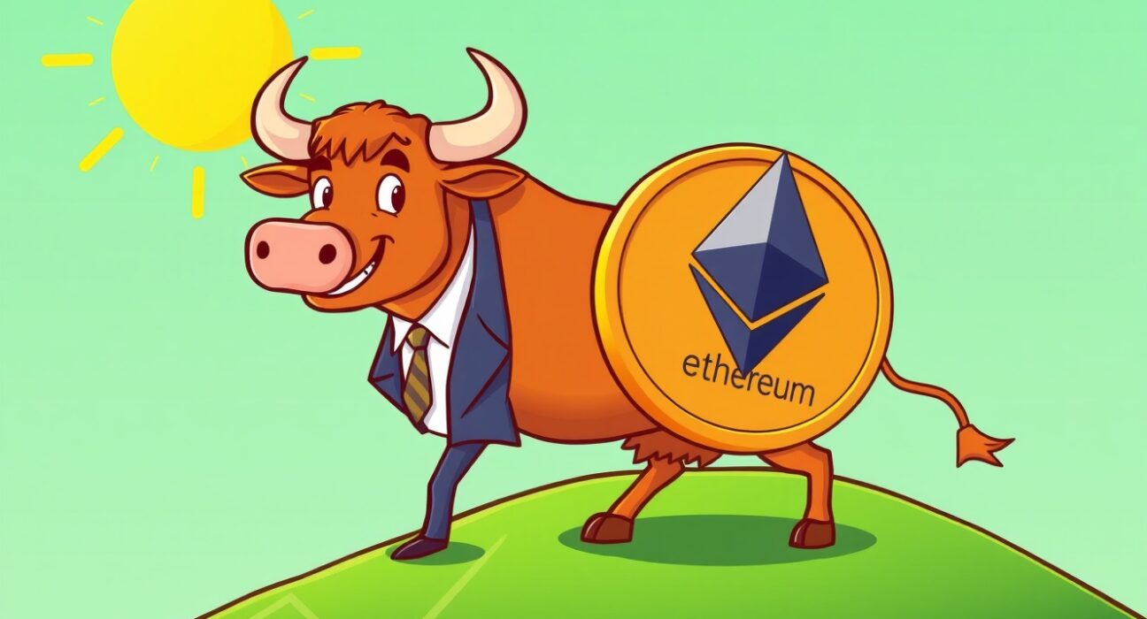 Confident bull pushing a large Ethereum coin, symbolizing Bitmine's bold Ethereum purchase.