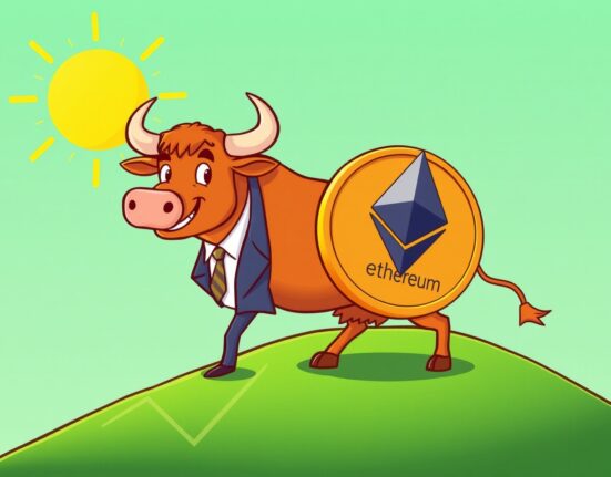 Confident bull pushing a large Ethereum coin, symbolizing Bitmine's bold Ethereum purchase.