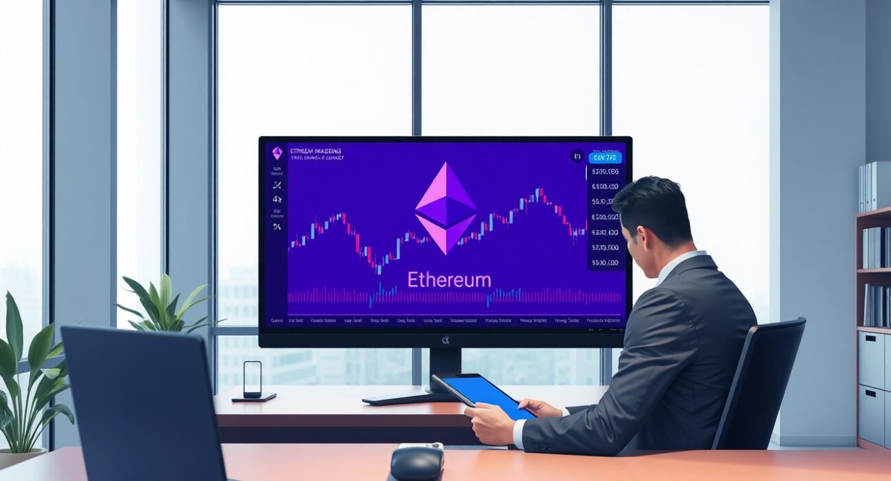 Financial analyst reviewing Bitmine's Ethereum investment data on trading desk monitors