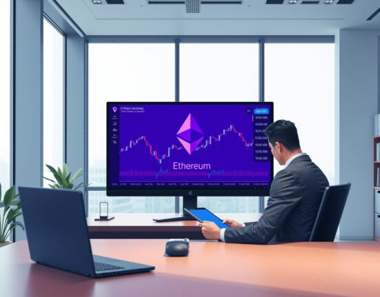 Financial analyst reviewing Bitmine's Ethereum investment data on trading desk monitors
