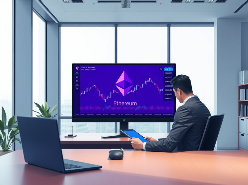 Financial analyst reviewing Bitmine's Ethereum investment data on trading desk monitors