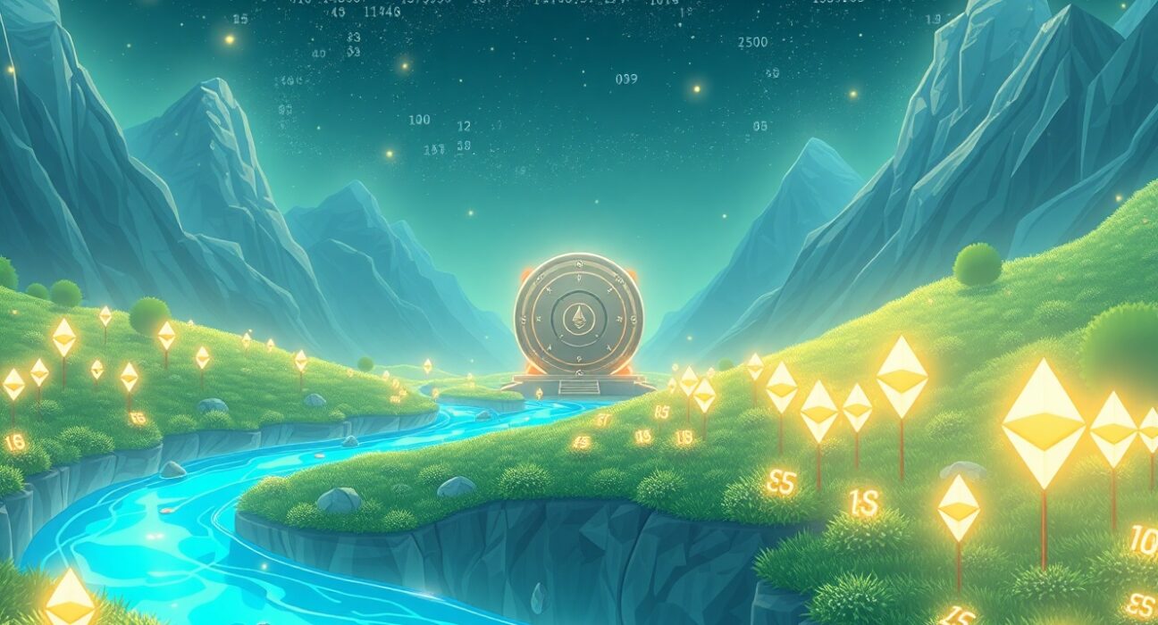 Bitmine's strategic $500 million Ethereum staking investment visualized as a digital landscape.