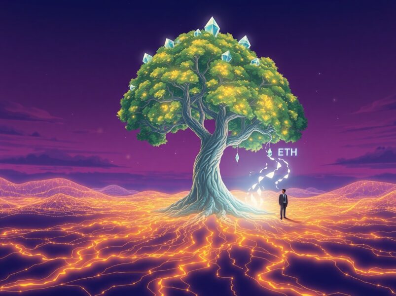 Bitmine's monumental Ethereum staking investment visualized as a glowing data tree in a digital landscape.