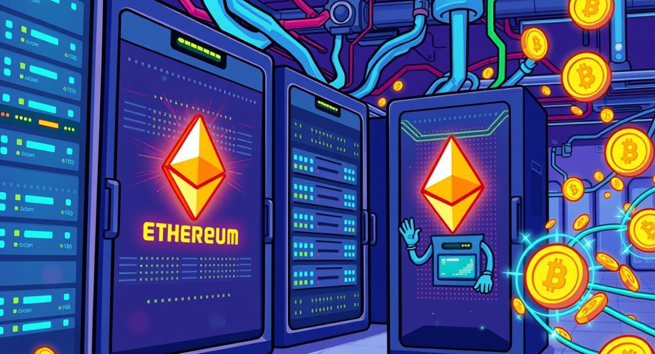 Revolutionary Ethereum staking network showing American validators processing cryptocurrency transactions in futuristic data center