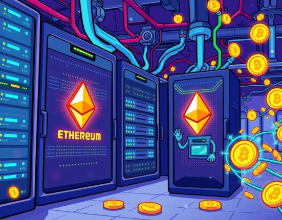 Revolutionary Ethereum staking network showing American validators processing cryptocurrency transactions in futuristic data center
