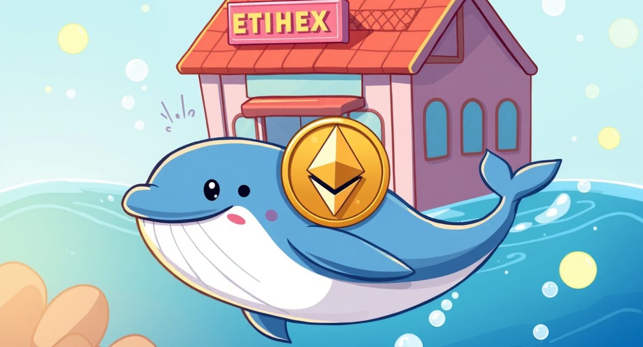 Cartoon of a crypto whale making a major Ethereum withdrawal from an exchange, symbolizing accumulation.