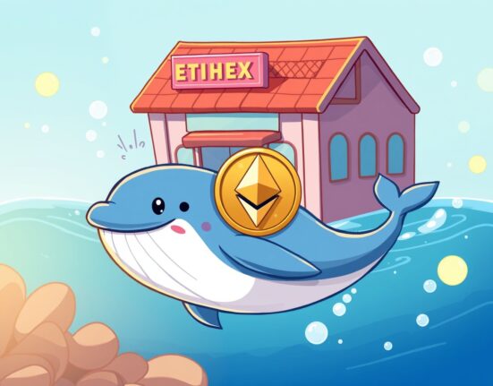 Cartoon of a crypto whale making a major Ethereum withdrawal from an exchange, symbolizing accumulation.