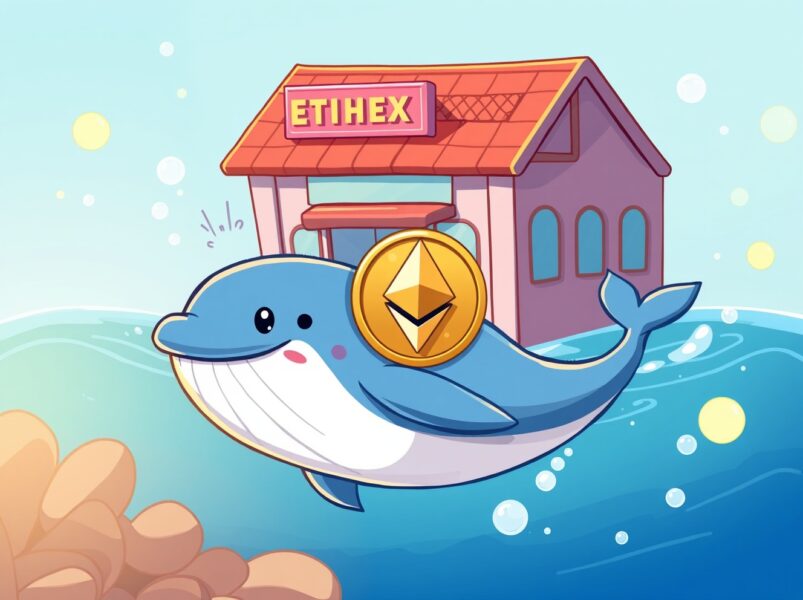 Cartoon of a crypto whale making a major Ethereum withdrawal from an exchange, symbolizing accumulation.