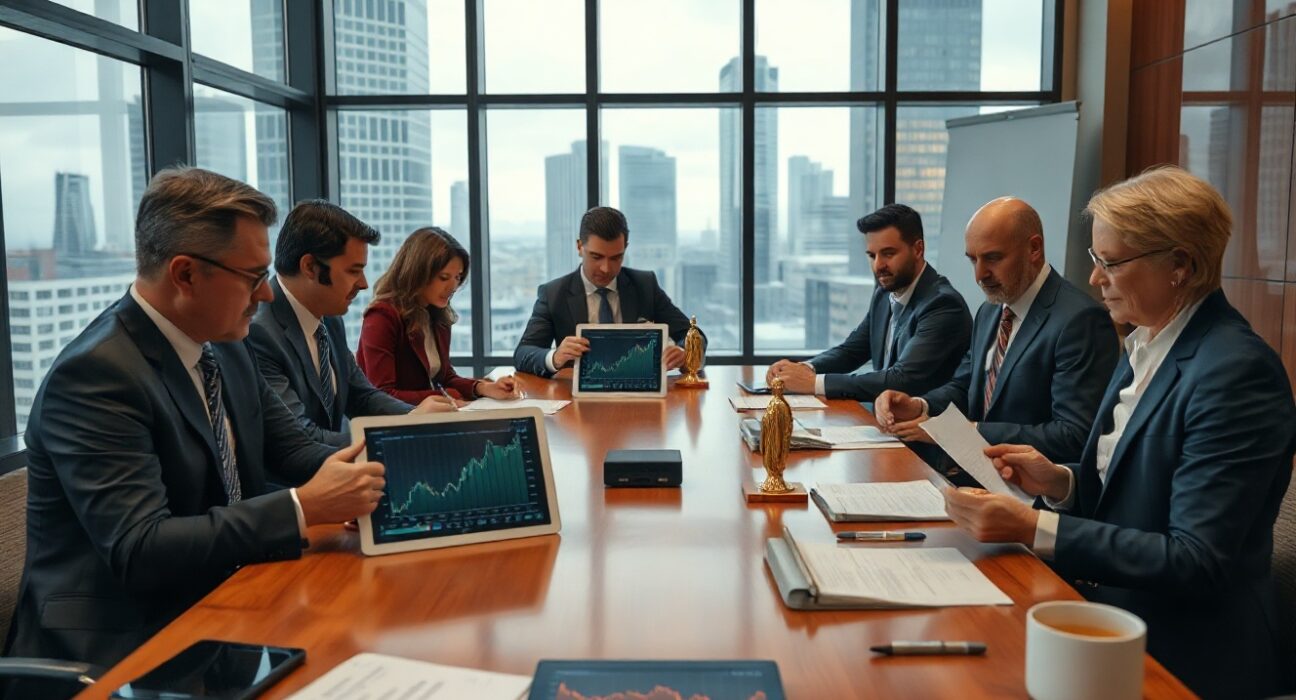 Corporate executives discussing financial documents and cryptocurrency charts in a modern boardroom.
