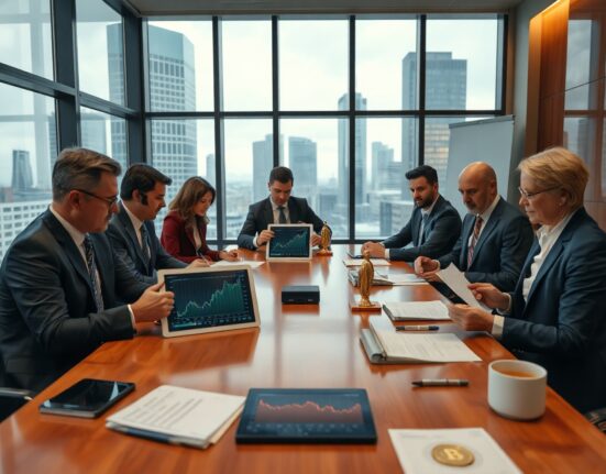 Corporate executives discussing financial documents and cryptocurrency charts in a modern boardroom.