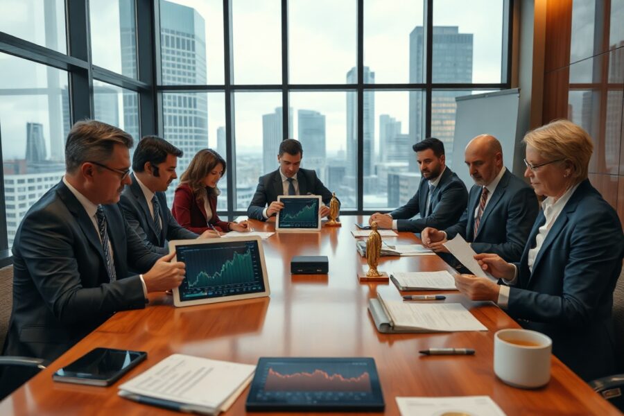 Corporate executives discussing financial documents and cryptocurrency charts in a modern boardroom.