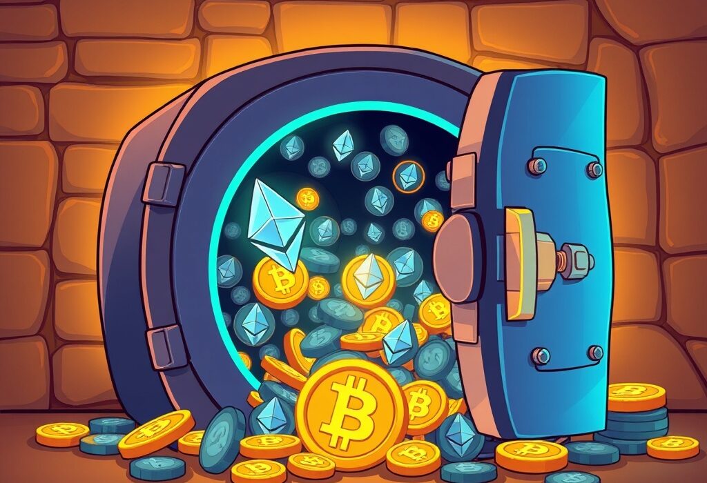 A cartoon illustration showing massive Bitmine Immersion ETH holdings and other digital assets in a secure vault.