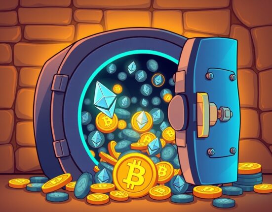 A cartoon illustration showing massive Bitmine Immersion ETH holdings and other digital assets in a secure vault.